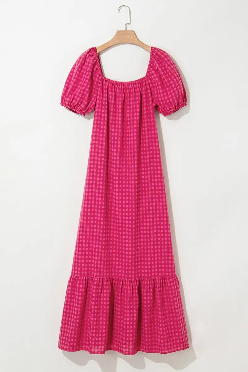 Rose Ginham Check Bubble Sleeve Ruffled Maxi Dress for Women - Love Salve